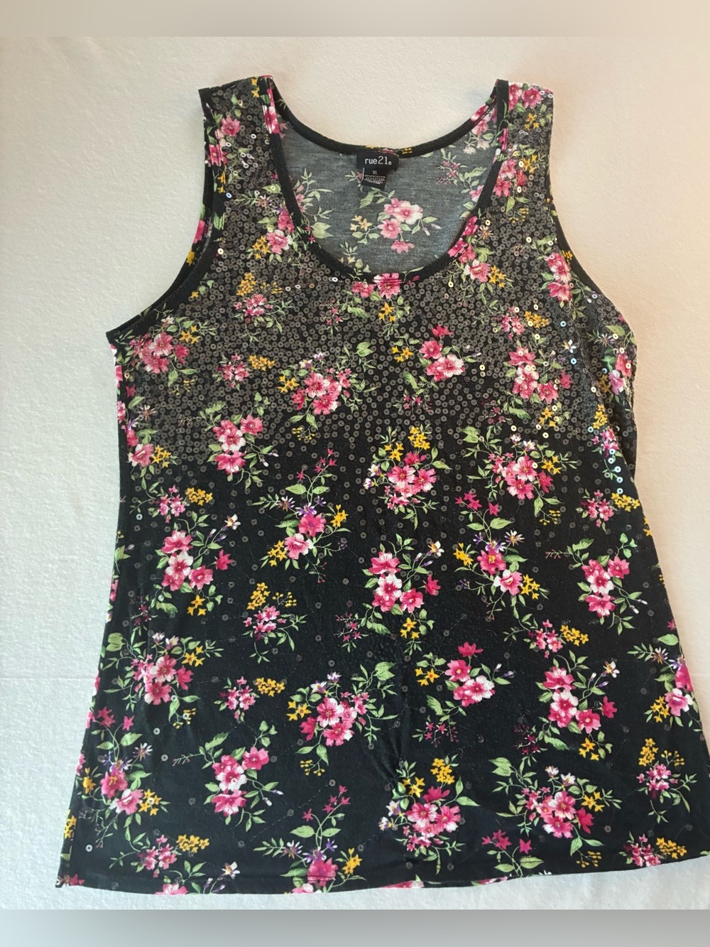 Y2K rue21 Black Floral Sequin Tank Top with Pink & Yellow Flowers